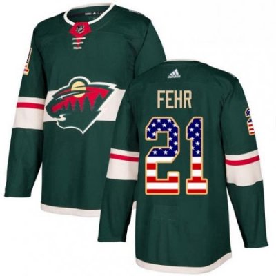 Mens Adidas Minnesota Wild 21 Eric Fehr Authentic Green USA Flag Fashion NHL Jersey