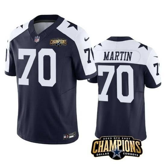 Men Dallas Cowboys 70 Zack Martin Navy White 2023 F U S E  NFC East Champions Patch Stitched Football Jersey