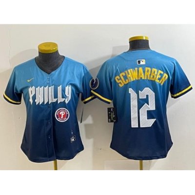 Women Philadelphia Phillies 12 Kyle Schwarber Blue 2024 City Connect Limited Stitched Jersey 7