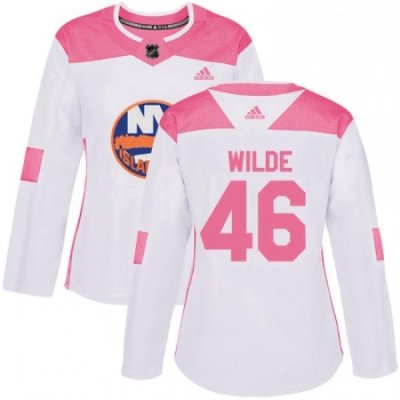 Womens Adidas New York Islanders 46 Bode Wilde Authentic White Pink Fashion NHL Jersey