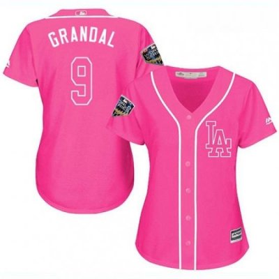 Womens Majestic Los Angeles Dodgers 9 Yasmani Grandal Authentic Pink Fashion Cool Base 2018 World Series MLB Jersey