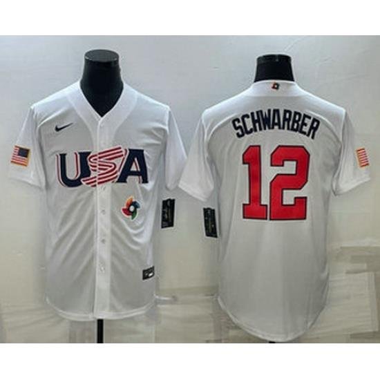 Men's USA Baseball #12 Kyle SchWarber 2023 White World Baseball Classic Stitched Jerseys