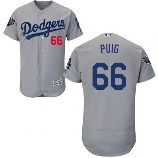 Mens Majestic Los Angeles Dodgers 66 Yasiel Puig Gray Alternate Flex Base Authentic Collection 2018 World Series Jersey