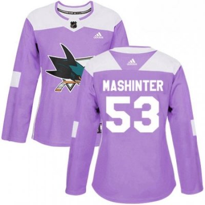 Womens Adidas San Jose Sharks 53 Brandon Mashinter Authentic Purple Fights Cancer Practice NHL Jersey