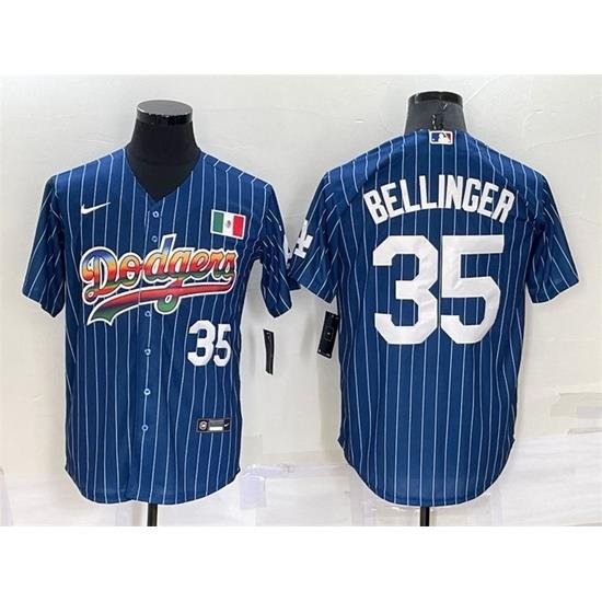 Men Los Angeles Dodgers 35 Cody Bellinger Navy Mexico RainboW Cool Base Stitched Baseball Jersey