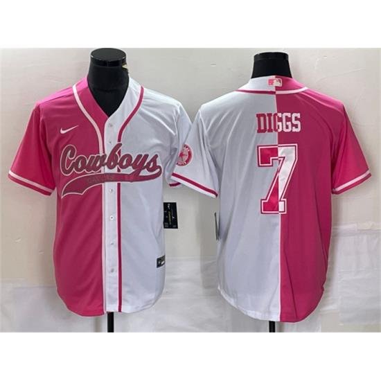 Men Dallas Cowboys 7 Trevon Diggs Pink White Split Cool Base Stitched Baseball Jersey