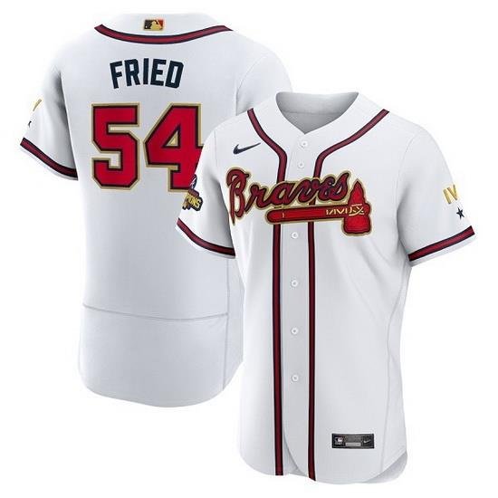 Men Atlanta Braves 54 Max Fried 2022 White Gold World Series Champions Program Flex Base Stitched Baseball jersey