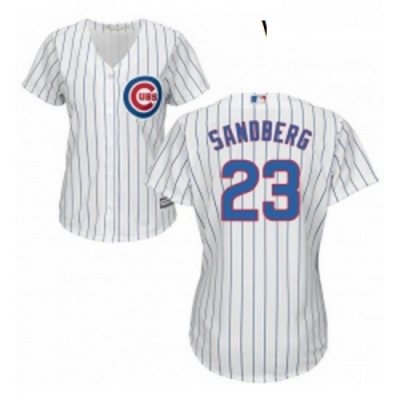 Womens Majestic Chicago Cubs 23 Ryne Sandberg Replica WhiteBlue Strip Fashion MLB Jersey