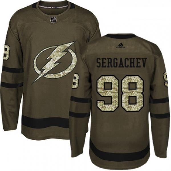 Youth Adidas Tampa Bay Lightning 98 Mikhail Sergachev Authentic Green Salute to Service NHL Jersey