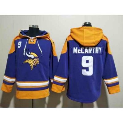 Men Minnesota Vikings 9 J.J. McCarthy Purple Yellow Ageless Must Have Lace Up Pullover Hoodie