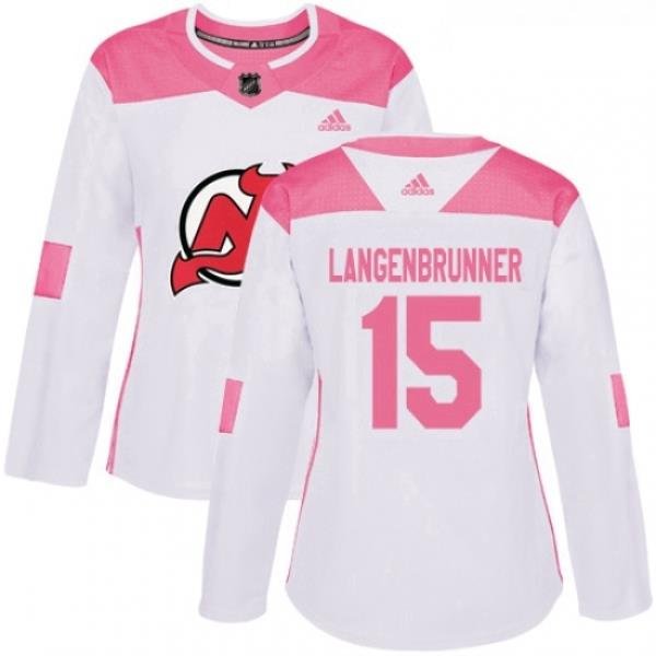 Womens Adidas New Jersey Devils 15 Jamie Langenbrunner Authentic WhitePink Fashion NHL Jersey