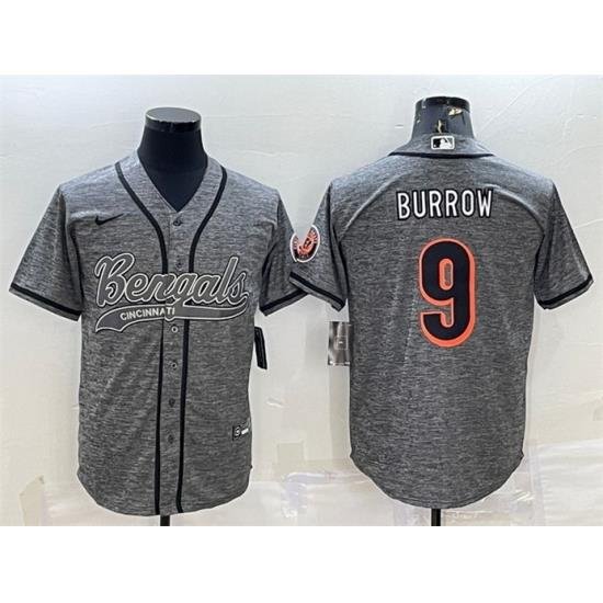 Men Cincinnati Bengals 9 Joe Burrow Grey With Patch Cool Base Stitched Baseball Jersey