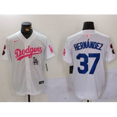 Men Los Angeles Dodgers 37 Teoscar Hernandez White Pink Vin  26 Kobe Patch Stitched Baseball Jersey 5