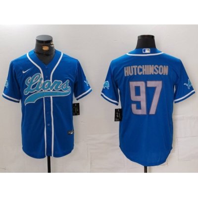 Men Detroit Lions 97 Aidan Hutchinson Blue Cool Base Stitched Baseball Jersey