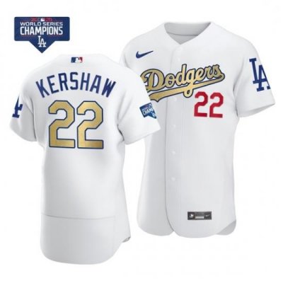 Men Los Angeles Dodgers Clayton KershaW 22 Gold Program White Flex Base Stitched Jersey