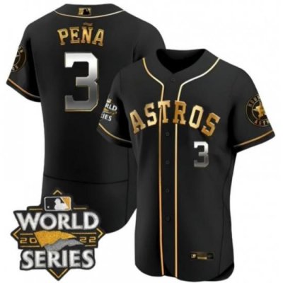 Men's Houston Astros #3 Jeremy Pena Black Gold 2022 World Series Patch Jersey