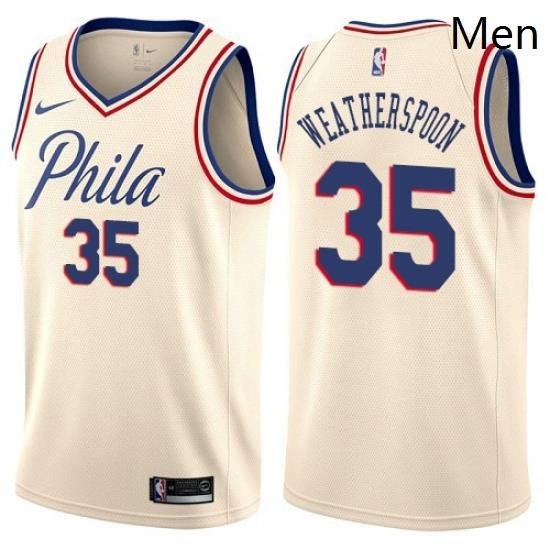 Mens Nike Philadelphia 76ers 35 Clarence Weatherspoon Swingman Cream NBA Jersey City Edition