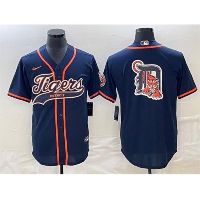 Men Detroit Tigers Navy Team Big Logo Cool Base Stitched Baseball Jersey