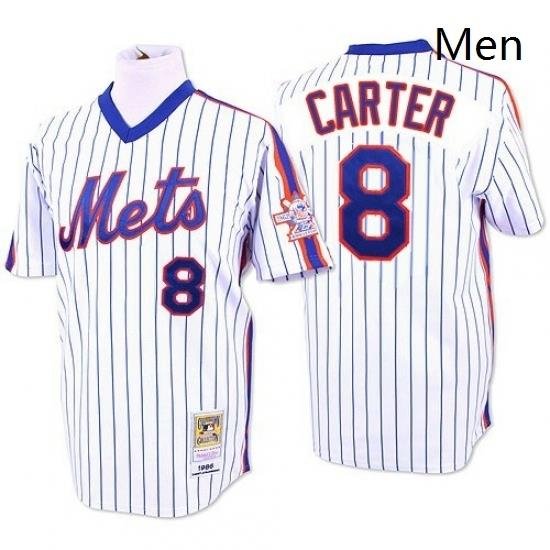 Mens Mitchell and Ness NeW York Mets 8 Gary Carter Replica WhiteBlue Strip ThroWback MLB Jersey