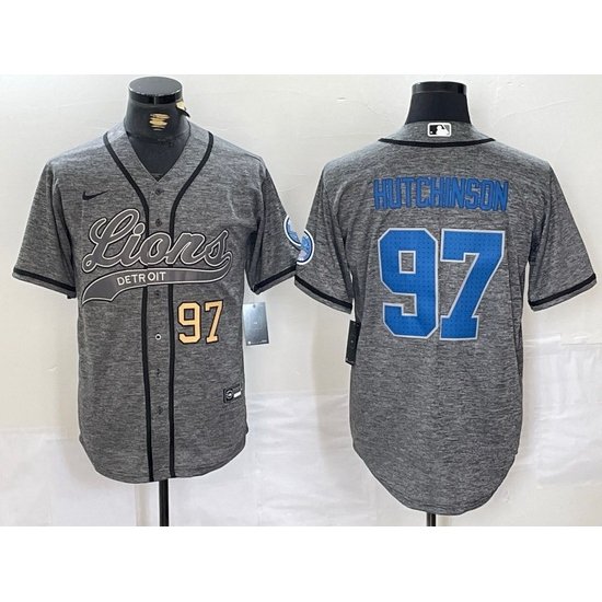 Men Detroit Lions 97 Aidan Hutchinson Grey Cool Base Stitched Baseball JerseyS 1