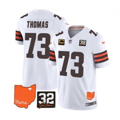 Men Cleveland Browns 73 Joe Thomas White 2023 F U S E  With Jim Brown Memorial Patch And 4 Star C Patch Vapor Untouchable Limited Stitched Jersey