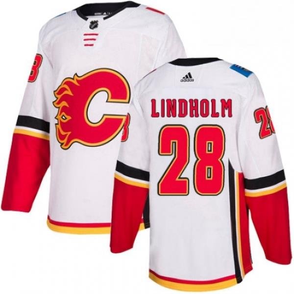 Mens Adidas Calgary Flames 28 Elias Lindholm White Road Authentic Stitched NHL Jersey