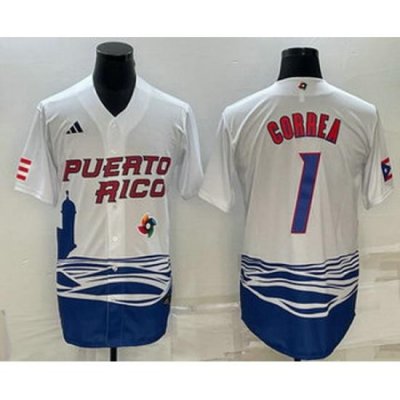 Men's Puerto Rico Baseball #1 Carlos Correa White 2023 World Baseball Classic Stitched Jersey