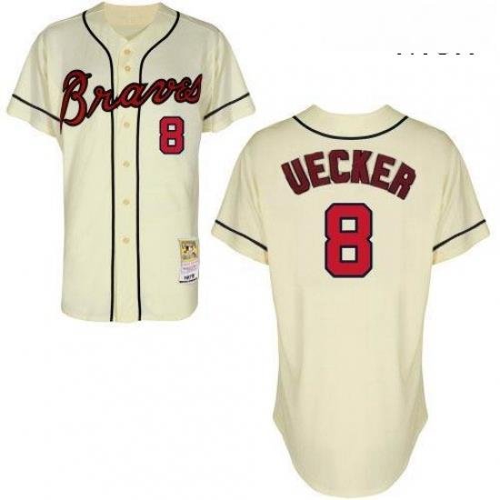 Mens Mitchell and Ness Atlanta Braves 8 Bob Uecker Replica Cream Throwback MLB Jersey