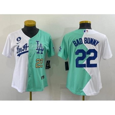 Women Los Angeles Dodgers 22 Bad Bunny 2022 All Star White Green Split Stitched Baseball Jersey 28Run Small 291