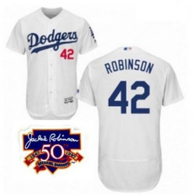 Mens Majestic Los Angeles Dodgers 42 Jackie Robinson White Home Flex Base 50 Years Breaking Barriers Patch Jersey