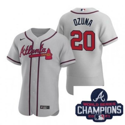 Men Nike Atlanta Braves 20 Marcell Ozuna Gray Alternate Stitched Baseball Stitched MLB 2021 Champions Patch Jersey