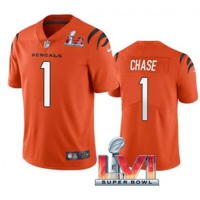 Nike Cincinati Bengals 1 Ja'Marr Chase Orange 2022 Super Bowl LVI Vapor Limited Jersey