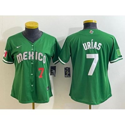 Women's Mexico Baseball #7 Julio Urias Number 2023 Green World Classic Stitched Jersey1