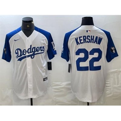 Men Los Angeles Dodgers 22 Clayton KershaW White Blue Vin Patch Cool Base Stitched Baseball Jersey