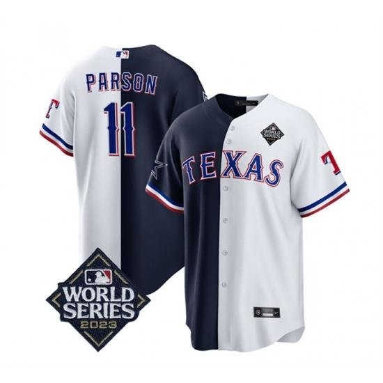 Men Texas Rangers  26 CoWboys 11 Micah Parsons Navy White Splite 2023 World Series Splite Stitched Baseball Jersey