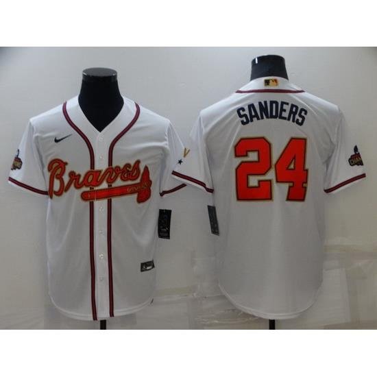 Men Atlanta Braves 24 Deion Sanders 2022 White Gold World Series Champions Program Cool Base Stitched Baseball jersey