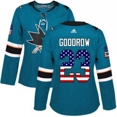 Womens Adidas San Jose Sharks 23 Barclay Goodrow Authentic Teal Green USA Flag Fashion NHL Jersey