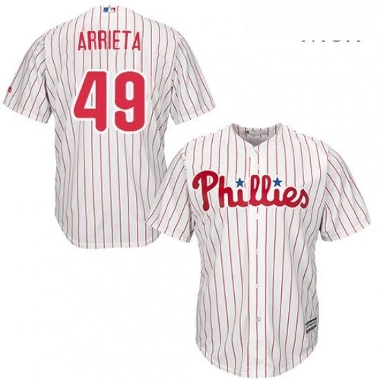 Mens Majestic Philadelphia Phillies 49 Jake Arrieta Replica WhiteRed Strip Home Cool Base MLB Jersey