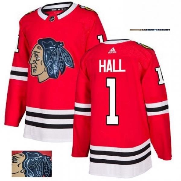 Mens Adidas Chicago Blackhawks 1 Glenn Hall Authentic Red Fashion Gold NHL Jersey