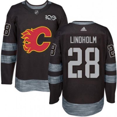 Mens Adidas Calgary Flames 28 Elias Lindholm Black 1917 2017 100th Anniversary Stitched NHL Jersey