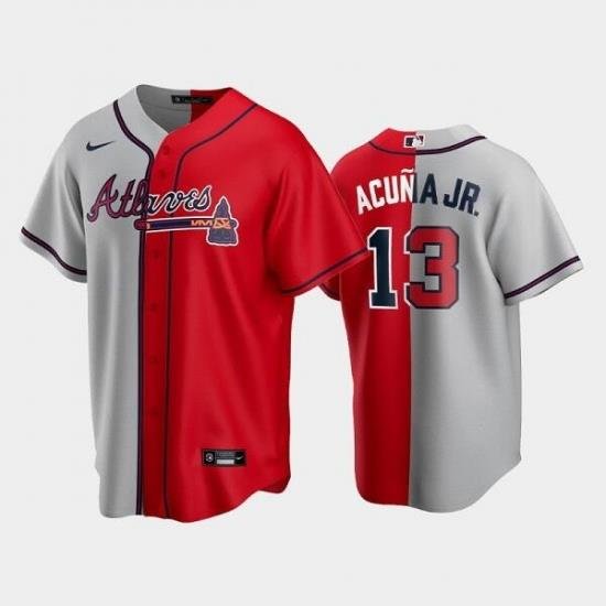 Men Atlanta Braves 13 Ronald Acuna Jr  Gray Red Split Cool Base Stitched Baseball Jersey