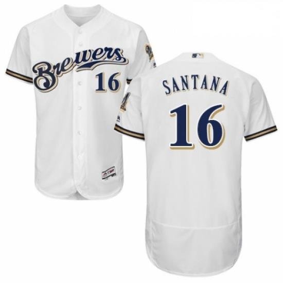 Mens Majestic MilWaukee BreWers 16 Domingo Santana Navy Blue Alternate Flex Base Authentic Collection MLB Jersey