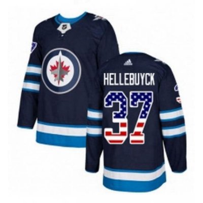 Mens Adidas Winnipeg Jets 37 Connor Hellebuyck Authentic Navy Blue USA Flag Fashion NHL Jersey