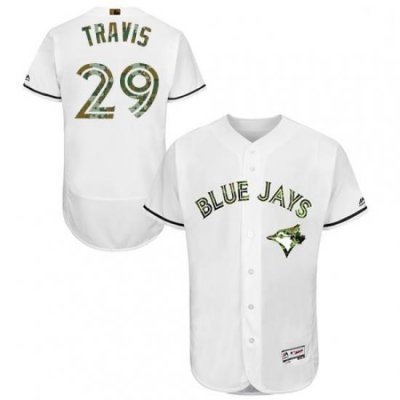 Mens Majestic Toronto Blue Jays 29 Devon Travis Authentic White 2016 Memorial Day Fashion Flex Base Jersey