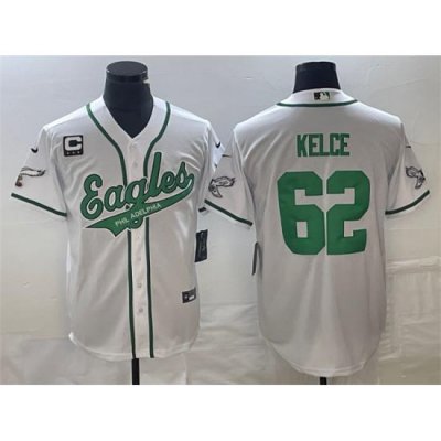 Men Philadelphia Eagles 62 Jason Kelce White With C Patch Cool Base Stitched Baseball Jersey