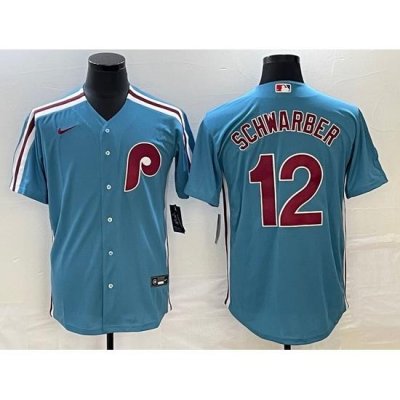 Men's Philadelphia Phillies #12 Kyle SchWarber Blue CooperstoWn ThroWback Cool Base Nike Jersey