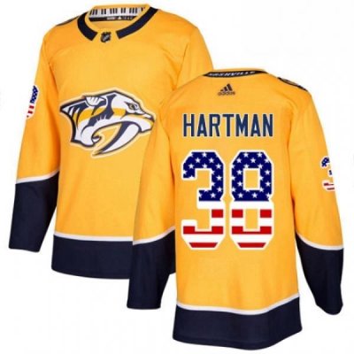 Mens Adidas Nashville Predators 38 Ryan Hartman Authentic Gold USA Flag Fashion NHL Jersey