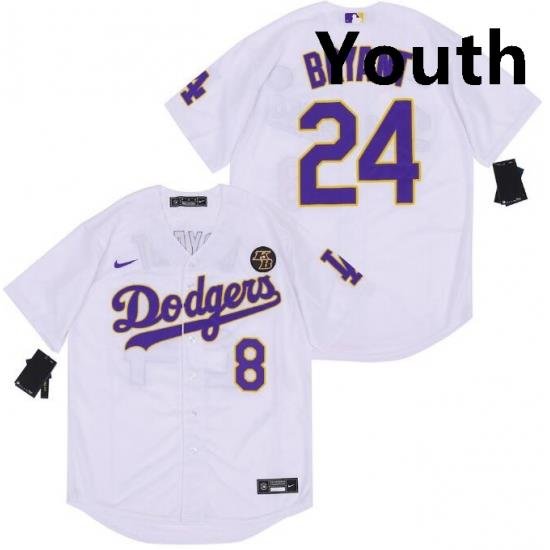 Youth Dodgers Front 8 Back 24 Kobe Bryant White Purple Cool Base Stitched MLB Jersey