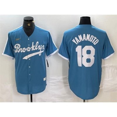 Men Los Angeles Dodgers 18 Yoshinobu Yamamoto Light Blue ThroWback Cool Base Stitched Baseball Jersey