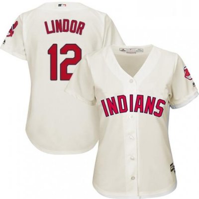 Womens Majestic Cleveland Indians 12 Francisco Lindor Authentic Cream Alternate 2 Cool Base MLB Jersey